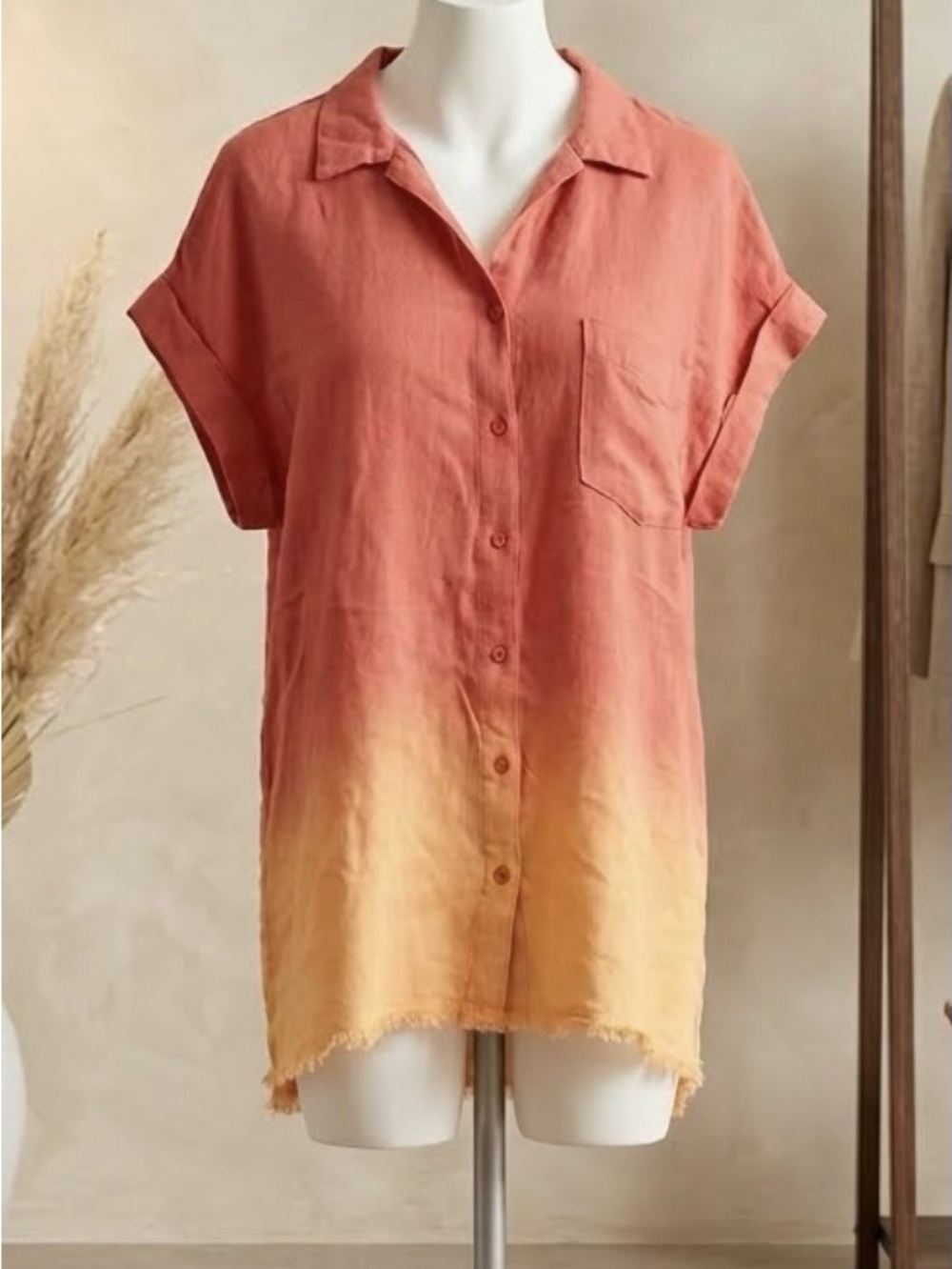 NWT! Women's Ombre Button-Front Linen Blend Tunic in Brick to orange